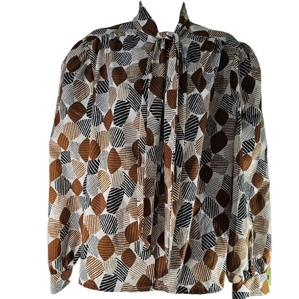 Vintage 80s Shirt Blouse Womens Size L Brown Secretary Pussy Bow